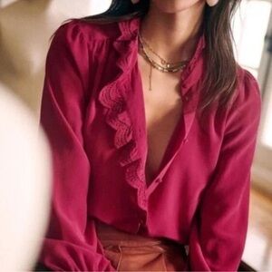 SEZANE CHLO SILK BLOUSE in DEEP BERRY PINK BOUGANVILLEA